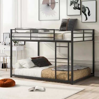 Kumix Bunk Bed Full over Full, Low Bunk Bed with Guardrails and Built-in Ladder, Metal Bunk Bed for Kids Teens, Floor Full Bunk Beds for Bedroom, Dom, Noise Free, Black
