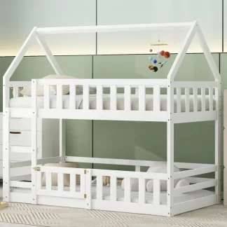 Kumix Twin over Twin Bunk Bed, House Bed for Kids with Fence and Door, Apartment Space-Saving Design Toddler Bed, Wood Floor Bed Twin Size with Build-in Ladder for Bedroom, Noise Free, White