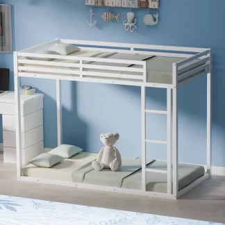 Kumix Bunk Bed Twin over Twin, Low Bunk Bed with Guardrails and Built-in Ladder, Metal Bunk Bed for Teens Adults, Twin Bunk Beds Frame for Bedroom, Noise Free, Easy Assembly, White