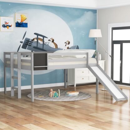 Kumix Loft Bed Twin Size with Slide, Wood Loft Bed with Blackboard, Full Length Guardrail and Ladder for Kids Teens Boys/Girls, Loft Bed Frame for Bedroom, Space-Saving, Noise-Free, Gray