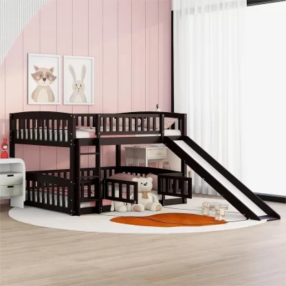Kumix Wood Bunk Bed with Slide, Full over Full Bunk Bed with Fence, Full Length Guardrail and Ladder for Kids Teens, Low Bunk Bed for Bedroom, Noise-Free, No Box Spring Needed, Espresso