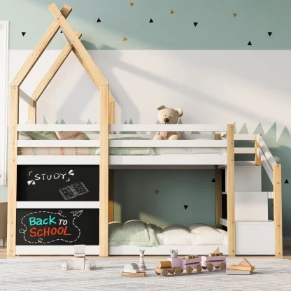 Kumix Twin over Twin Bunk Bed, House Bunk Bed with Storage Staircase, Stairs with Handrails and 2 Blackboards for Kids, Noise-Free Wooden Low Bed, No Box Spring Needed, White & Natural