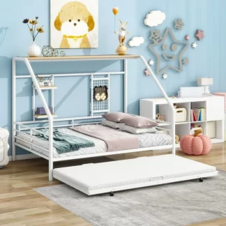 Kumix Platform Bed with Trundle, Shelves and Grid, Full Size Metal Platform Bed with 3-Sided Guardrail for Kids Teens Guests, 2 in 1 Platform Bed for Bedroom, Guests' Room, Noise-Free, White