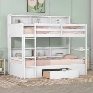 Kumix Bunk Bed Twin over Twin, Wooden Bunk Bed with Built-in Shelves Beside both Upper and Down Bed and Storage Drawer Under Bed for Kids Teens Adults, Noise-Free, Easy Assembly, White