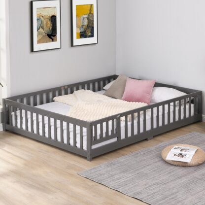Kumix Floor Bed Twin Size with Door and Fence, Solid Wooden Platform Bed Frame with Wood Slats Support, Suitable for Kids Boys/Girls, Noise-Free, No Box Spring Needed, Easy Assembly, Gray