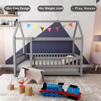 Kumix Twin Size Floor Bed with House Roof Frame, Fence Guardrails, Wood Floor Bed for 1-3 Aged, Twin Floor Bed for Boys/Girls, No Weight Capacity Limit, Noise-Free, Grey