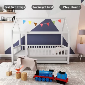 Kumix Twin Size Floor Bed with House Roof Frame, Fence Guardrails, Wood Floor Bed for 1-3 Aged, Twin Floor Bed for Boys/Girls, No Weight Capacity Limit, Noise-Free, White