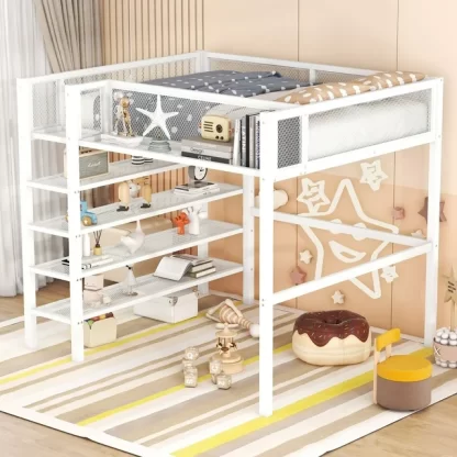 Kumix Full Size Loft Bed with 4-Tier Shelves and Storage, Metal Full Loft Beds Frame with Ladders & Safety Guard Rail for Kids Teens Adults, Space-Saving, Noise Free, No Box Spring Needed, White