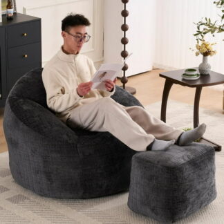 Kumix Foam Bean Bag Chairs for Adults/Teens with Filling,Bean Bag Lazy Sofa with Ultra Soft Chenille Cover, Bean Bag,Indoor & Outdoor, Black