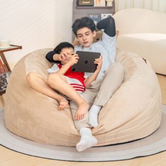 Kumix Bean Bag Chair, Giant 5' Memory Foam Furniture Bean Bag Chairs for Adults with Microfiber Cover - 5Ft, Lazy Bean Bag Chair for Bedroom, Living Room, Lychee Velvet Beanbag Chair, Camel