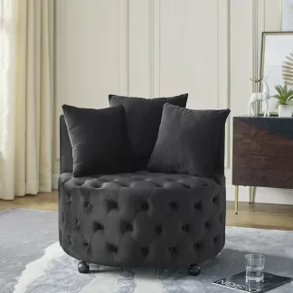 Kumix Velvet Upholstered Swivel Chair for Living Room, with Button Tufted Design and Movable Wheels, Including 3 Pillows, Lazy Swivel Chair for Kids Teens Adults, Black