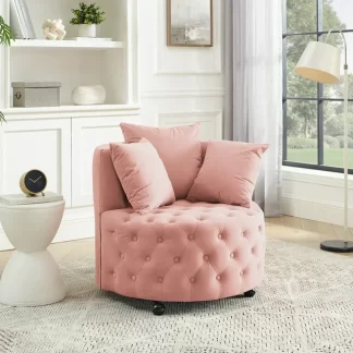 Kumix Velvet Upholstered Swivel Chair for Living Room, with Button Tufted Design and Movable Wheels, Including 3 Pillows, Lazy Swivel Chair for Kids Teens Adults, Pink