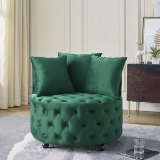 Kumix Velvet Upholstered Swivel Chair for Living Room, with Button Tufted Design and Movable Wheels, Including 3 Pillows, Lazy Swivel Chair for Kids Teens Adults, Green