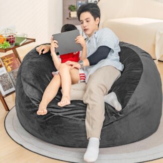 Kumix Bean Bag Chair, Giant 5' Memory Foam Furniture Bean Bag Chairs for Adults with Microfiber Cover - 5Ft, Lazy Bean Bag Chair for Bedroom, Living Room, Lychee Velvet Beanbag Chair, Grey