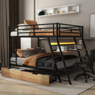 Kumix Full over Full Size Metal Bunk Bed with Desk & LED Lights, Gaming Bunk Bed with Drawers, Full-Length Guardrail and Ladder for Kids Teens Adults, Full Size Bunk Bed Frame for Bedroom, Black