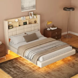 Kumix Full Size Upholstered Floating Bed with LED and Storage Headboard, Full Platform Bed for Kids Teens Adults, Wood Bed Frame for Bedroom, Noise-Free, Easy Assembly, Beige