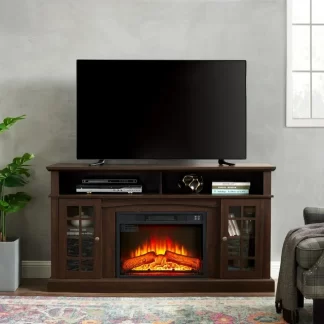 Kumix Classic TV Media Stand Modern Entertainment Console with 23" Fireplace Insert for TV Up to 65" with Open and Closed Storage Space, Espresso