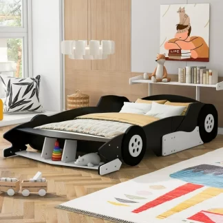 Kumix Full Size Race Car-Shaped Platform Bed with Shelves and Wheels, Wooden Platform Bed for Kids Boys and Girls, Car-Shaped Floor Bed Frame for Bedroom, Full Size Toddler Floor Bed, Black