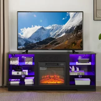 Kumix TV Stand Electric Fireplace Glass Shelves, 3D Fireplace TV Stand with LED Lights Wood with USB Charging Outlet Modern Television Table Center for TV up to 62" Black 58''W*15.5''D*24.4
