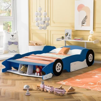 Kumix Full Size Race Car-Shaped Platform Bed with Shelves and Wheels, Wooden Platform Bed for Kids Boys and Girls, Car-Shaped Floor Bed Frame for Bedroom, Full Size Toddler Floor Bed, Blue