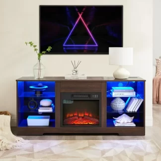 Kumix TV Stand Electric Fireplace Glass Shelves, 3D Fireplace TV Stand with LED Lights Wood with USB Charging Outlet Modern Television Table Center for TV up to 62" ESP, 58''W*15.5''D*24.4