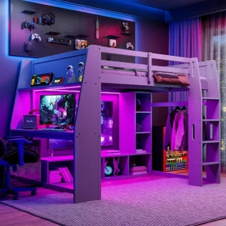 Kumix Full Size Gaming Loft Bed with Desk, Multi-storage Shelves, LED and a Hanging Clothes Rack, Wood Loft Bed with Full-Length Guardrail and Ladder for Kids Teens Adults, Noise-Free, Gray