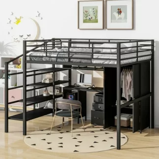 Kumix Metal Loft Bed with Desk and Wardrobe, Full Size Loft Bed with Storage Staircase, Full-Length Guardrail for Kids Teens Adults, Full Loft Bed Frame for Bedroom, Noise-Free, Black