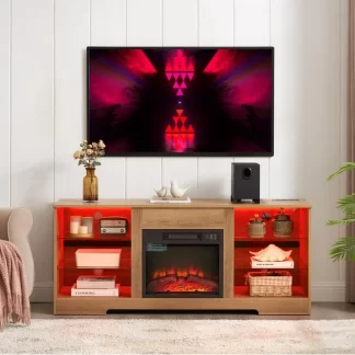 Kumix TV Stand Electric Fireplace Glass Shelves, 3D Fireplace TV Stand with LED Lights Wood with USB Charging Outlet Modern Television Table Center for TV up to 62" OAK 58''W*15.5''D*24.4