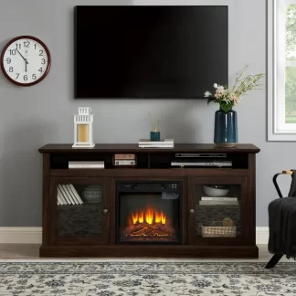 Kumix Contemporary TV Media Stand Modern Entertainment Console with 18" Fireplace Insert for TV Up to 65" with Open and Closed Storage Space, Brown, 60"W*15.75"D*29"H