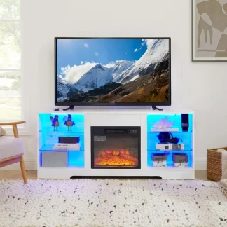 Kumix TV Stand Electric Fireplace TV Stand with Glass Shelves, 3D Fireplace TV Stand with LED Lights Wood with USB Charging Outlet Modern Television Table Center for TV up to 32-62" White