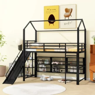 Kumix Twin Size Loft Bed with Slide and Iron Mesh Shelves, Metal House Loft Bed with Roof, Safety Guardrail and Ladder for Kids Boys & Girls, House Loft Bed Frame for Bedroom, Black