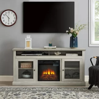 Kumix Contemporary TV Media Stand Modern Entertainment Console with 18" Fireplace Insert for TV Up to 65" with Open and Closed Storage Space, Stone Gray, 60"W*15.75"D*29"H