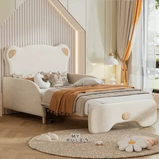 Kumix Twin XL Size Upholstered Stretchable Vaulted Sofa Bed, Bear Shaped Headboard, Wooden Platform Bed for Kids Boys Girls, Sofa Bed Frame for Bedroom, Noise-Free, Easy Assembly, Beige