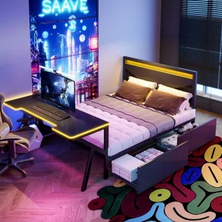 Kumix Metal Gaming Platform Bed with LED Headboard, LED Desk, USB and Two Storage Drawers, Full Size Platform Bed for Kids Teens Adults, Metal Bed Frame for Bedroom, Dorm, Space-Saving, Black