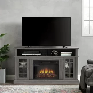 Kumix Classic TV Media Stand Modern Entertainment Console with 23" Fireplace Insert for TV Up to 65" with Open and Closed Storage Space, Dark Walnut/Black