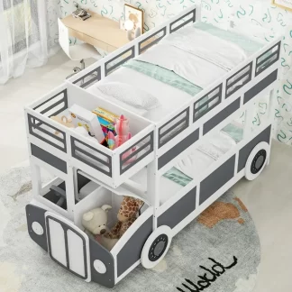 Kumix Twin over Twin Bus-shaped Bunk Bed with Wheels and Storage, Kids Bunk Bed with Safty Rail and Ladder for Boys&Girls, Wooden Bunk Bed Frame for Bedroom, Space-Saving, Gray+White