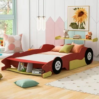 Kumix Full Size Race Car-Shaped Platform Bed with Shelves and Wheels, Wooden Platform Bed for Kids Boys and Girls, Car-Shaped Floor Bed Frame for Bedroom, Full Size Toddler Floor Bed, Red
