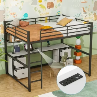 Kumix Full Size Loft Bed with Desk, Drawers and Bedside Tray, Charging Station, USB and Socket, Metal Loft Bed with Full-Length Guardrail and Ladder for Kids Adults, Noise-Free Loft Bed Frame, Black