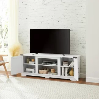 Kumix Modern Farmhouse TV Media Stand, Large Barn Inspired Home Entertainment Console, for TV Up to 70'', with Open Shelves and Closed Cabinets, White, 64.8"W*15.67"D*24.29"H