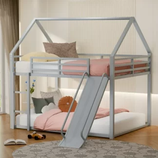 Kumix Metal Bunk Bed with Slide, Bunk Bed Full over Full, House Low Bunk Bed with Ladder, Safety Guardrails and Roof, Noise Free Floor Full Bunk Beds for Kids, Adults, Bedroom, Dormitory, Silver