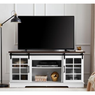 Kumix Multipurpose Sliding Door TV Cabinet Large Storage Cabinet with 2 Sliding Glass Doors, TV Desk Storage Rack, Adjustable Shelves for TVs Up to 65", WHITE+BROWN, 59.13"W*15.94"D*27.8"H