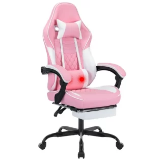 Kumix Ergonomic Video Gamer Chairs,Computer Gaming Chairs with Massage Lumbar Support and footrest,Racing Style Computer Chair Adjustable Headrest for Adults,Pink White