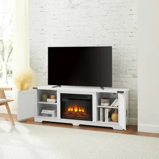 Kumix Modern Farmhouse TV Media Stand, Large Barn Inspired Home Entertainment Console, with 23" Fireplace Insert, for TV Up to 70'', with Open Shelves and Closed Cabinets, White