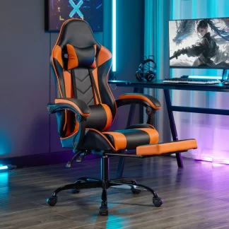Kumix Gaming Chair with Footrest, Ergonomic Computer Chair with Headrest and Lumbar Support, Breathable Material Height Adjustable Video Game Chairs for Adults, Black Orange