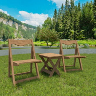 Kumix Material Outdoor Bistro Set Foldable Small Table and Chair Set with 2 Chairs and Rectangular Table, Teak