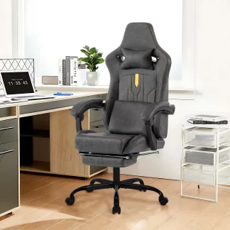 Kumix Gaming Chair, Video Game Chair with Massage Lumbar Support and Footrest, Comfortable Ergonomic Computer Chair with Linkage Armrests, Height Adjustable Racing Game Chair PU for Adults, Grey