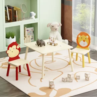 Kumix Kids Table and 2 Chairs Set, 3 Pieces Toddler Table and Chair Set, Wooden Activity Play Table Set (Lion&Monkey)