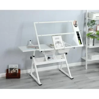 Kumix Adjustable Tempered Glass Drafting Printing Table with Chair, WHITE