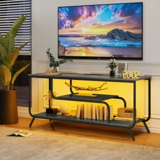 Kumix Installation Videos and Scene Videos, TV Socket and LED Light - TV stand TV up to 55 ", Small Unit Modern TV Console Suitable for Living Room and Bedroom, Black
