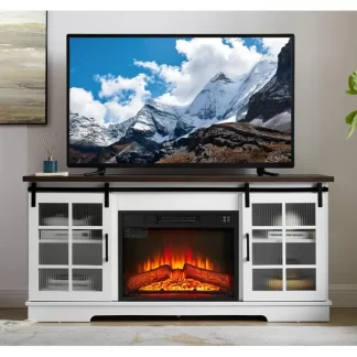 Kumix Multipurpose Sliding Door TV Cabinet Large Storage Cabinet with 2 Sliding Glass Doors, TV Storage Rack with 23" Fireplace TV Cabinet, WHITE+BROWN, 59.13"W*15.94"D*27.8"H